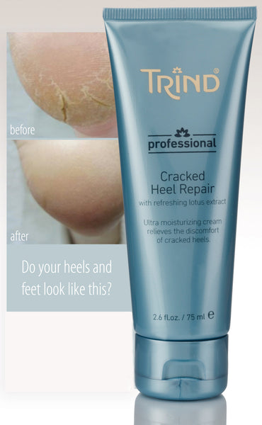 Rich moisturizing cream in a 75ml tube enriched with Macadamia Nut Oil & Rose Geranium. Keeps your heels and feet hydrated, smooth and healthy.  Has a bacjground image of before and after use of Trind Cracked Heel Repair.